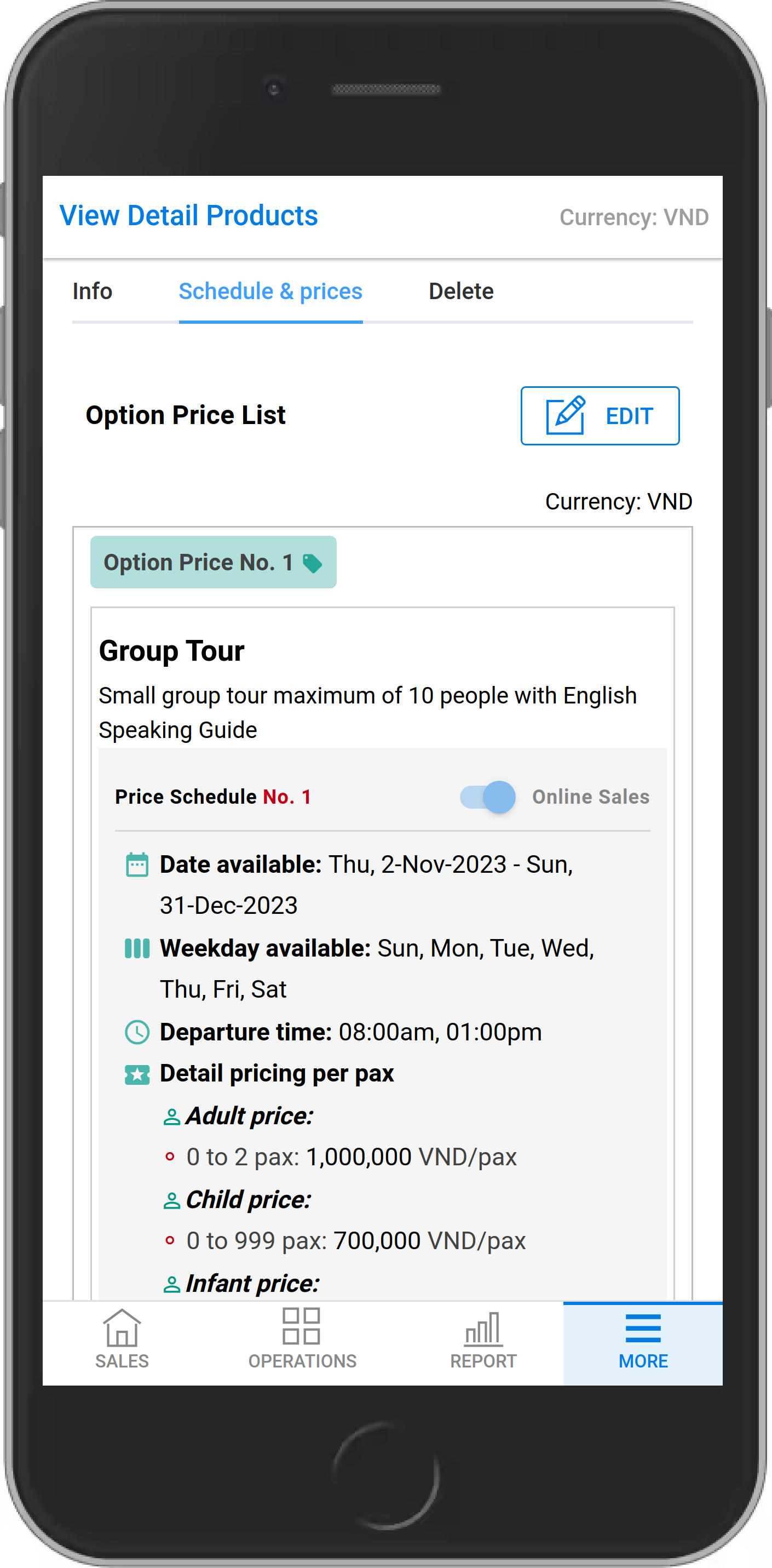 Option price schedule